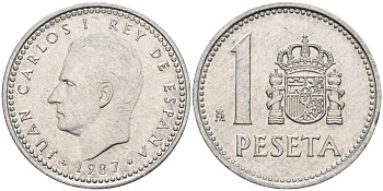 Испания 1 песета 1987 M, Хуан Карлос I (1975-2014) KM 821 алюминий 4402-615