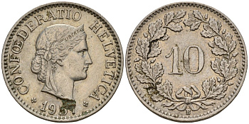 Швейцария 10 раппенов 1957 B KM 27 медно-никель 4189-349