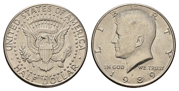 США 1/2 доллара (50 центов) 1989 D, Джон Кеннеди KM A202b медь плакированная медно-никелем UNC 4672-636