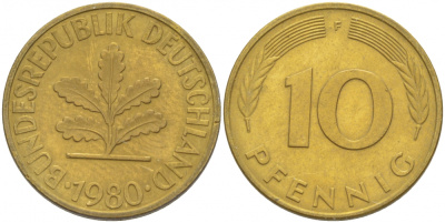 ФРГ 10 ПФЕННИГОВ 1980 F KM 108, J.383 сталь плакированная латунью 3996-642