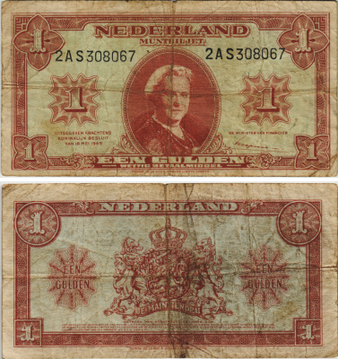 НИДЕРЛАНДЫ 1 ГУЛЬДЕН 1945 ВИЛЬГЕЛЬМИНА Pick 70 бумага 8604-12-2-2