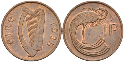 Ирландия 1 пенни 1985 мифологическая птица лира KM 20 бронза 4582-137
