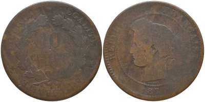 ФРАНЦИЯ 10 САНТИМОВ 1876 A, ТРЕТЬЯ РЕСПУБЛИКА (1871-1940) KM 815.1, LA FRANC 135.15 бронза 115-612