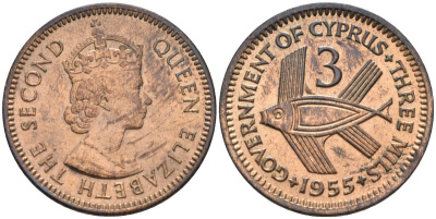 Кипр Британский 3 миля 1955 Елизавета II (1952-2022), рыба KM 33 бронза 4594-314