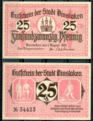 Германия, Динслакен 25 пфеннигов 1920 нотгельд, 1.8.1920 Tieste 1395/02 бумага UNC (пресс) 8614-45-3-2