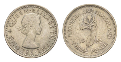 Родезия и Ньясаленд 3 пенса 1962 Елизавета II (1952-2022), цветок глориоза KM 3 медно-никель UNC 4596-941