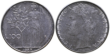 ИТАЛИЯ 100 ЛИР 1987 R, АФИНА KM 96.1 сталь 3334-936