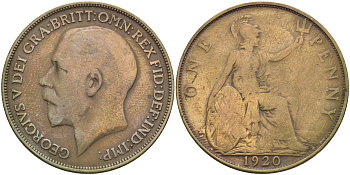 Великобритания 1 пенни 1920 Георг V (1910-1936) KM 810, Spink 4051 бронза 83-2024