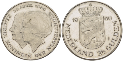 Нидерланды 2 1/2 гульдена 1980 коронация Беатрикс, 30 апреля 1980 KM 201 никель 38-135