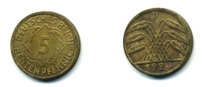 ГЕРМАНИЯ 5 РЕНТЕНПФЕННИГОВ 1924 J, KM 32, J. 308 алюминиевая бронза 54-426