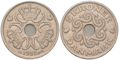 Дания 5 крон 1992 сердце LG, Маргрете II (1972-), редкий год KM 869 медно-никель 4131-1044