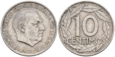 Испания 10 сентимо 1959 Франсиско Франко (1939-1975) KM 790 алюминий    4598-1166