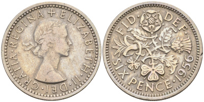 Великобритания 6 пенсов 1956 Елизавета II (1952-2022) KM 903, Spink 4149 медно-никель 4588-525
