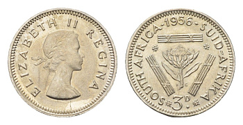 ЮАР 3 пенса 1956 Елизавета II (1952-2022) KM 47 серебро UNC 4690-918