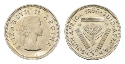 ЮАР 3 пенса 1956 Елизавета II (1952-2022) KM 47 серебро UNC 4690-918