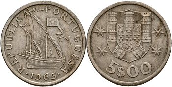 Португалия 5 эскудо 1964 KM 591 медно-никель 4187-1114