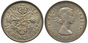 Великобритания 6 пенсов 1967 Елизавета II (1952-2022) KM 903, Spink 4149 медно-никель 4538-653
