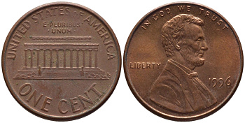 США 1 ЦЕНТ 1996 ЛИНКОЛЬН KM 201b цинк плакированный медью 66-1112