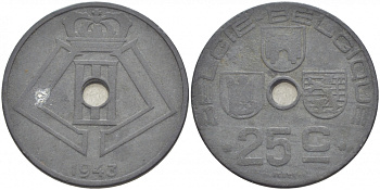 БЕЛЬГИЯ 25 САНТИМОВ 1943 BELGIE-BELGIQUE, ГЕРМАНСКАЯ ОККУПАЦИЯ, ВТОРАЯ МИРОВАЯ ВОЙНА KM 132 цинк 4529-1131