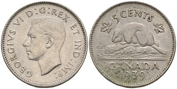 Канада 5 центов 1939 Георг VI (1937-1952), бобр KM 33 никель 73-1126