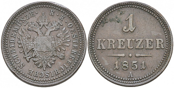 Австрия 1 крейцер 1851 A, Франц Иосиф I (1848-1916) KM 2185 медь 68-517