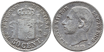 ИСПАНИЯ 50 СЕНТИМО 1885 (86) MS-M, АЛЬФОНСО XII KM 685 серебро 443-525