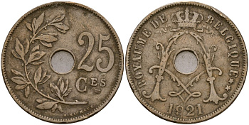 Бельгия 25 сантимов 1921 KM 68 медно-никель 4165-421