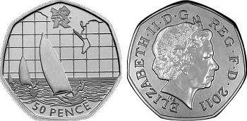 Великобритания 50 пенсов 2011 XXX летние Олимпийские игры в Лондоне в 2012 году, парусный спорт, в оригинальном картонном буклете, с Олимпийской голограммой (20/29) KM 1178 медно-никель  UNC  3-6-6-13