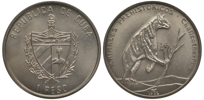 Куба 1 песо 1993 серия доисторические животные, Халикотерий KM 404 медно-никель UNC M16-19