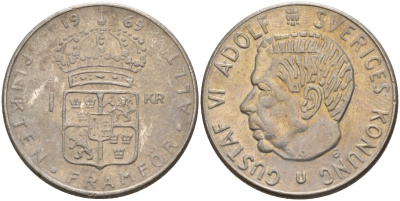 Швеция 1 крона 1969 U, Густав VI Адольф (1950-1973) KM 826a медь плакированный медно-никелем 4150-247