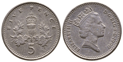 Великобритания 5 пенсов 1990 Елизавета II (1952-2022) KM 937b, Spink 4372 (D4) медно-никель 4383-148