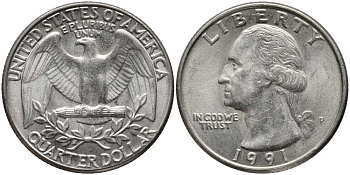 США 25 ЦЕНТОВ = КВОТЕР 1991 P, ВАШИНГТОН KM А164а медь плакированная медно-никелем 113-532