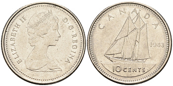 Канада 10 центов 1983 Елизавета II (1953- ), парусник KM 77.2 никель    4147-362