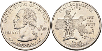 США 25 центов = квотер 2000 D, серия штаты США, Массачусетс KM 305 медь плакированная медно-никелем 4586-125