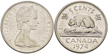 Канада 5 центов 1974 бобр, Елизавета II (1952-) KM 60.1 никель 86-653