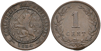 Нидерланды 1 цент 1884 Виллем III (1849-1890) KM 107 бронза 4576-614