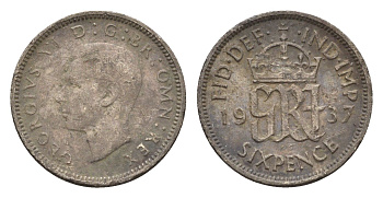 Великобритания 6 пенсов 1937 Георг VI (1936-1952) KM 852, Spink 4084 серебро 4697-956