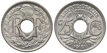 Франция 25 сантимов 1921 тип Lindauer KM 867а, Le Franc 171.5 медно-никель UNC 4128-215