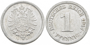 Германия 1 пфенниг 1917 J KM 24, J. 300, Weege 2 алюминий 112-1227