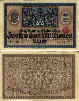 КЁЛЬН 200000000 МАРОК 1923 14 СЕНТЯБРЯ 1923, REIHE A, НОТГЕЛЬД Keller 2684z бумага 8564-22-1-1