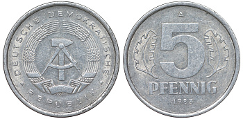 ГДР 5 ПФЕННИГОВ 1983 A КМ 9.2 алюминий 62-451