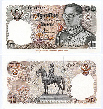 Таиланд 10 бат 1980 король Рама IX, подпись 62, С ТЕКСТОМ НА НИЖНЕМ ПОЛЕ АВЕРСА Pick 87 (12) бумага UNC (пресс) 8615-59-1-1