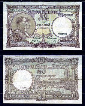 Бельгия 20 франков 1944 23.11.1944, Король Альберт I и его жена Королева Елизавета, Гран-Плас / Гроте Маркт, Брюссель Pick 111 (3) бумага 6301-8-2-1