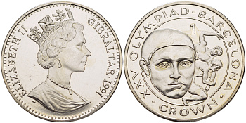 Гибралтар 1 крона 1991 XXV Олимпийские игры 1992 года в Барселоне, борьба KM 70 медно-никель UNC 1084-8-34