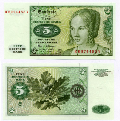 ФРГ 5 марок 1980 2 января 1980, Портрет Венецианки, работы Дюрера Pick 30b, Розенберг 285 а  бумага UNC (пресс) 450-19-2