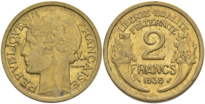 ФРАНЦИЯ 2 ФРАНКА 1939 ТИП MORLON KM 886, LE FRANC 268.12 алюминиевая бронза 3855-143