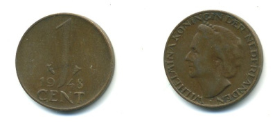 Нидерланды 1 цент 1948 Вильгельмина (1890-1948), год тип KM 175 бронза 54-154