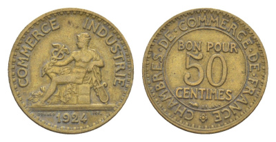 Франция 50 сантимов 1924 KM 884 алюминиевая бронза 83-334