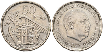 Испания 50 песет 1957(58) Франсиско Франко (1939-1975) KM 788 медно-никель 4572-533