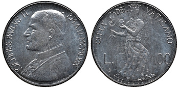 Ватикан 100 лир 1980 Иоанн Павел II (1979-2001) KM 146 нержавеющая сталь UNC 4579-714